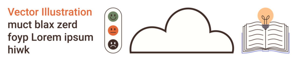 Education, innovation, cloud storage, data processing, creativity, decision-making. Traffic light symbols, cloud outline and book with light bulb. Education and innovation idea visualization