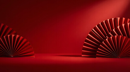 Lunar New Year Red Fan Display: Dramatic Lighting and Shadows on Red Backdrop