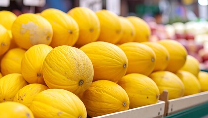 Yellow melons stacked high