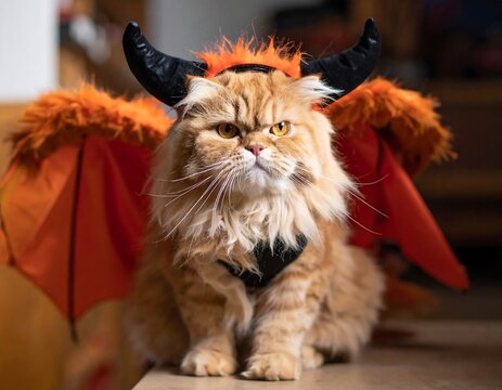 Fluffy orange cat wearing a devil costume with horns and wings, perched on a table