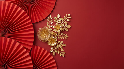 Red Fan Art Composition: Gold Floral Pattern on Red Background for CNY Decoration