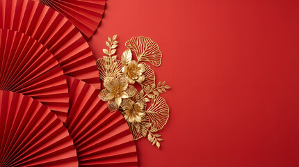 Festive Red Folded Fans: Gold Accents on Red for Lunar New Year Decoration