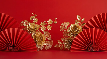 Vibrant Red Folded Fans: Detailed Gold Floral Ornaments on Red Surface for Festive Decor