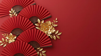 Chinese New Year Red Backdrop: Folded Fans with Gold Ornaments for Festive Setting