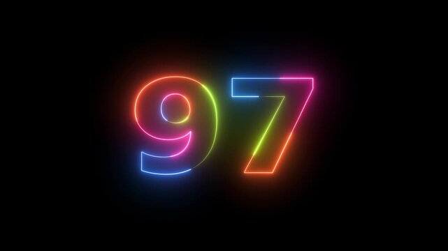 Neon light glowing number 97 animation