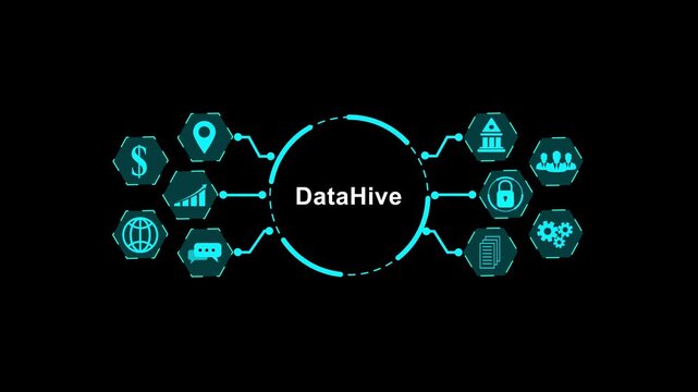 Data Hive Network of Hexagonal Icons with Central Text on Black Background Keywords: Data Hive, technology, network, connection, data, icons, hexagonal, digital, innovation, communication, global.4k 