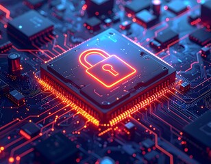 Fototapeta premium Futuristic digital circuit board with a glowing lock symbol