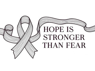 An inspirational black and white drawing featuring an awareness ribbon and the message "hope is stronger than fear", world cancer day