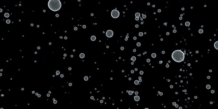 Close-up of bubbles air in under water floating up to water surface. The camera moves through bubbles. Isolated on black background. Alpha channel included in the end of the clip