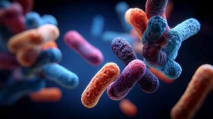 A vibrant bacterial cluster concept illustrating microbial interactions, biological complexity and the dynamic behavior of microorganisms within evolving microscopic ecosystems.
