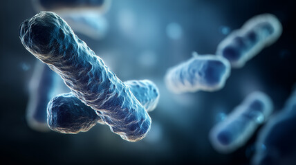 A conceptual visualization of microscopic bacteria illustrating infection dynamics and the broader impact of microbial activity in human health and disease.
