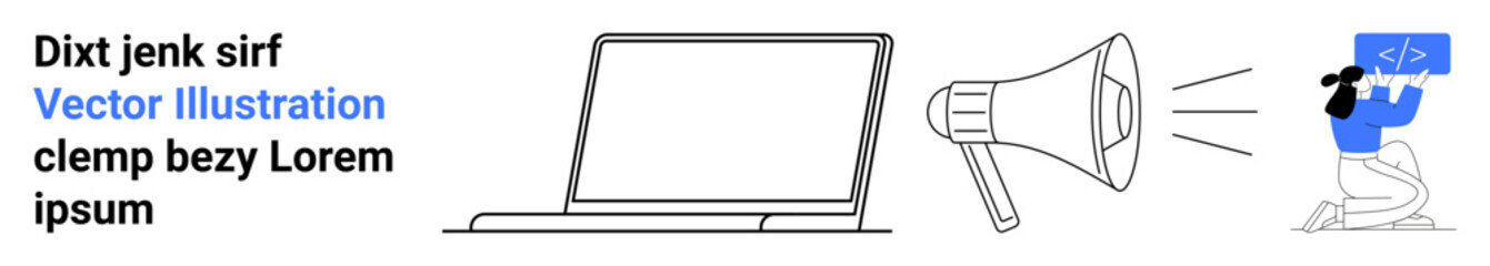 Obraz premium Marketing strategies, web development, content creation, digital communication, coding, technology. Laptop and megaphone with a programmer coding. Marketing strategies and web development concept