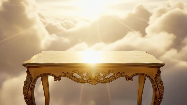 A majestic golden ornate table with intricate carvings stands prominently amidst a sea of soft, glowing clouds, bathed in a brilliant, ethereal light. Golden sun rays pierce through the hazy sky, crea