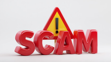 A clear scam warning concept represented by bold typography and a danger symbol conveying alertness and digital risk awareness.
