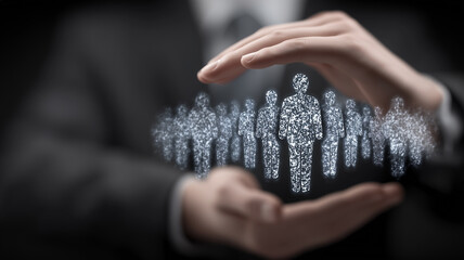 A digital protection concept showing a group of individuals shielded by hands representing security, safeguarding and responsibility.
