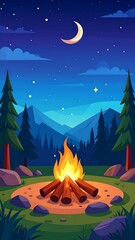 2d flat design vector illustratition of campfire in the nature