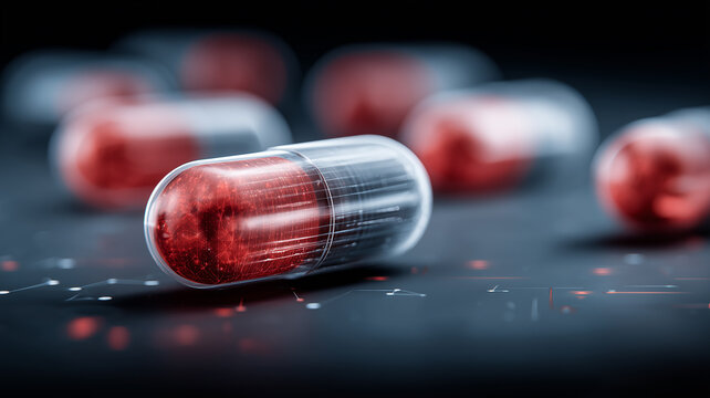 A transparent capsule containing red digital structures symbolizing biotechnology innovation and the fusion of medicine with data driven progress.
 - Powered by Adobe