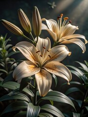 Obraz premium A majestic goldenrayed lily sways gently in the soft morning light of a serene garden oasis