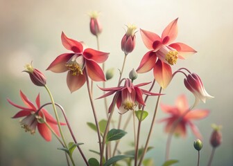 Obraz premium Flowers of wild columbine Aquilegia canadensis sway gently in a soft white light