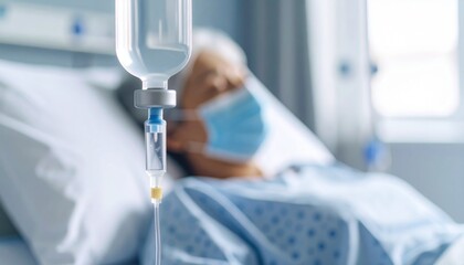 マスクを付けて入院中のシニア女性  病院のベッドに横たわり病気の治療を受ける高齢者のイメージ 