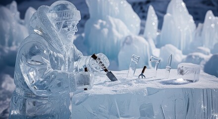 Sculptor carving detailed figure from translucent frozen material surrounded by icy formations