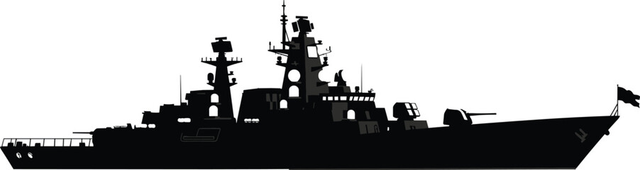 Modern warship silhouette vector illustration, naval destroyer profile, military vessel with radar, weapons, CAD drawing flat vector illustration, maritime defense concept