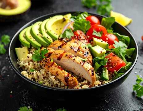 Close-up of a colorful bowl featuring chicken and vegetables