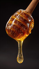 Wooden Honey Dipper Dripping Thick Golden Honey with Dramatic Backlighting on Dark Background