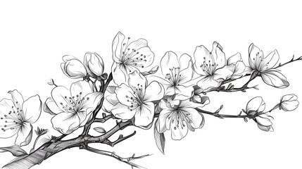 Fototapeta premium Black and white illustration of a blooming tree branch with flowers and buds