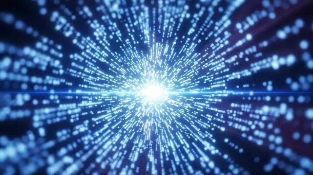 Abstract Blue Digital Data Streams Exploding Outward From Bright Center Light Source with Lens Flare Effect
