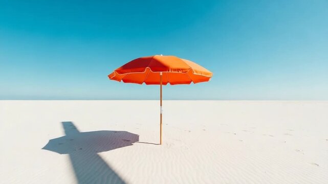 Vibrant Orange Beach Umbrella Stands Alone on a Vast White Sand Beach Under a Clear Blue Sky