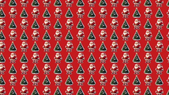 Seamless looping pattern of Santa Claus and Christmas trees in an alternating grid.