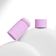 pink Glitter sunscreen stick packaging, Rotating Solid skincare cream container, twist up tube, cylindrical containers for solid antiperspirants and deodorants, teenager skincare concept image