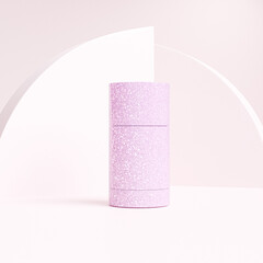pink Glitter sunscreen stick packaging, Rotating Solid skincare cream container, twist up tube, cylindrical containers for solid antiperspirants and deodorants, teenager skincare concept image