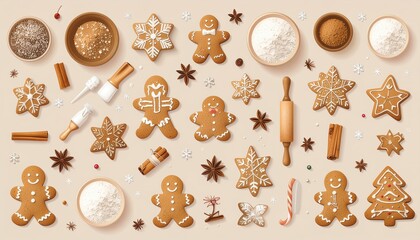Assortment of freshly baked gingerbread cookies and baking ingredients laid out for holiday decorating
