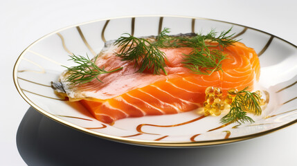 Delicious smoked salmon fillet garnished with fresh dill on a decorative plate