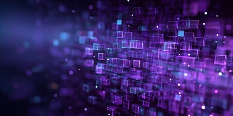 Obraz premium Abstract digital particles and geometric shapes glow in deep purple.