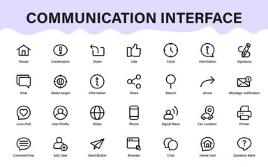 Communication interface icons. messaging, alerts, navigation, sharing, signals, and modern interaction elements collection.