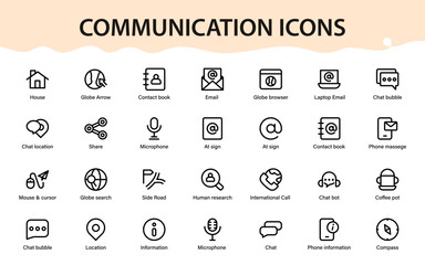 Communication icons collection. Messaging bubbles, phone tools, Calls, chat tools, microphones, navigation signs, location markers, research symbols