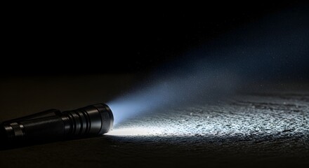 A powerful flashlight beam piercing through the dark, dusty basement atmosphere, illuminating the path for a discovery concept