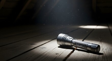 A metallic flashlight rests on an old wooden attic floor, casting a focused light beam through dusty air for a discovery and mystery concept