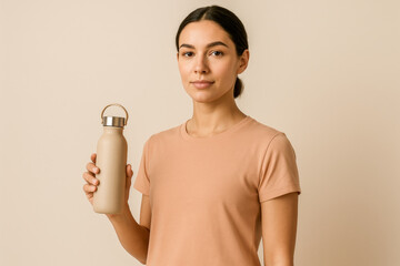 Horizontal portrait of a young woman in a neutral beige t-shirt holding a reusable water bottle against a soft beige background, creating a modern wellness-themed image ideal for hydration reminders