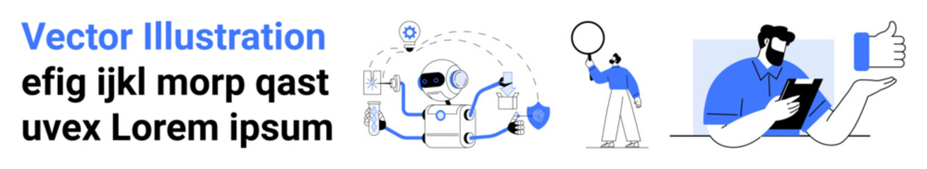 Futuristic robot with shields spinning, a boy holding a balloon, and a man reading and writing on a tablet. Ideal for technology, AI, education, learning, innovation, security simple landing page