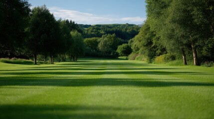 Obraz premium Serene Green Landscape with Perfectly Mown Grass Rows and Green Foliage Under Clear Sky