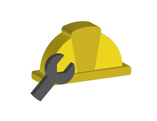 Simple 3D illustration of a safety helmet icon with a tool