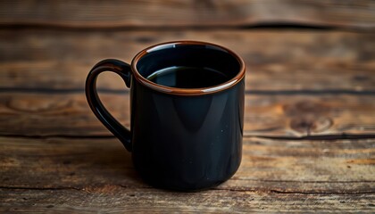 A dark ceramic coffee mug, slightly speckled, sits on a rustic wooden surface, rustic, cocoa
