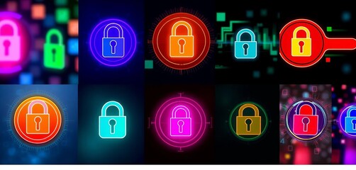 Colorful key icons on various backgrounds, illustrating different security levels,  unlock,  background