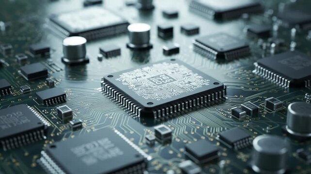 Close up of a detailed green circuit board with many black microchips and silver capacitors under soft overhead lighting