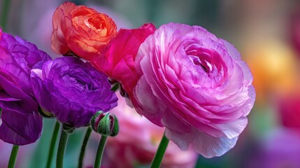 Vibrant multicolored blossoms display delicate, ruffled petals against a soft, blurred background