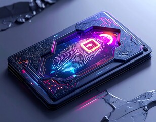 Futuristic digital device with fingerprint scanning and neon lights